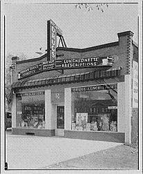 Traditional drugstore entrance from the 1940